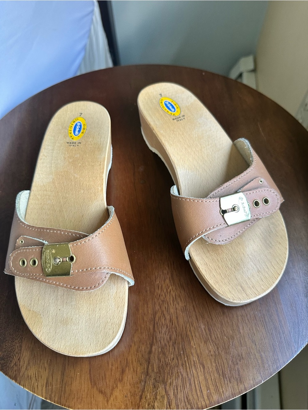 VTG Dr. Scholl's Original Wood Sandals Made in Italy Leather Slides Tan Size 7